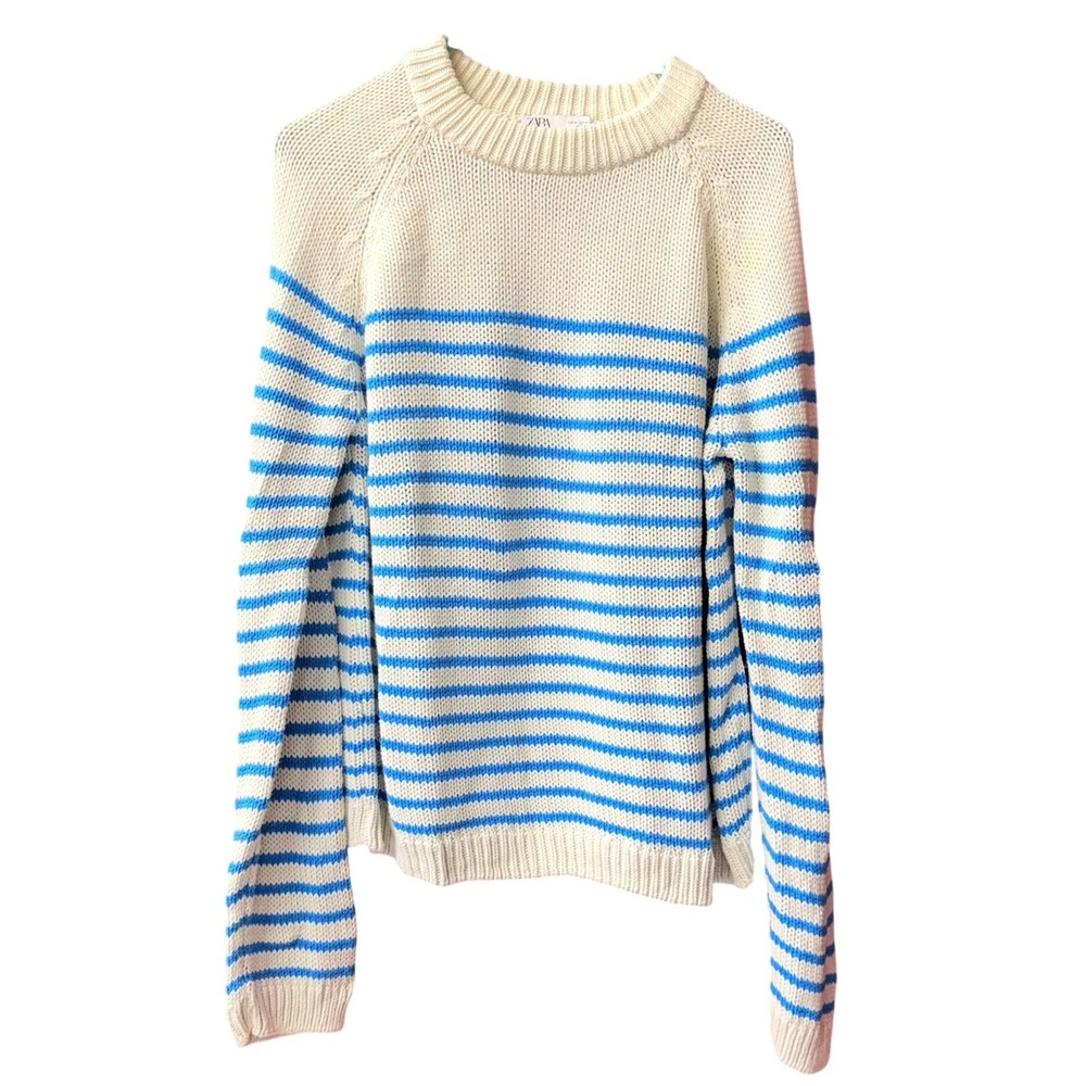 Zara Sweater Women Size M Ivory Blue Striped 100% Cotton Long Sleeve Knit Raglan